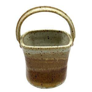 Signed Handcrafted Speckled Basket Handle Two-Tone Design Unique Artisan Pottery